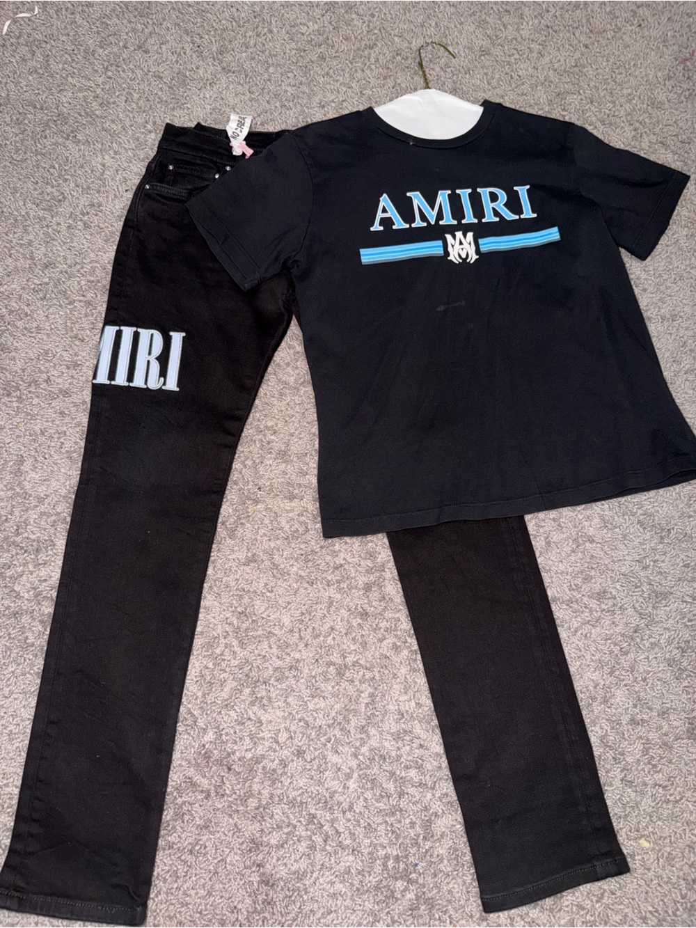 AMIRI Black Tee with Sky Blue Logo Stripes